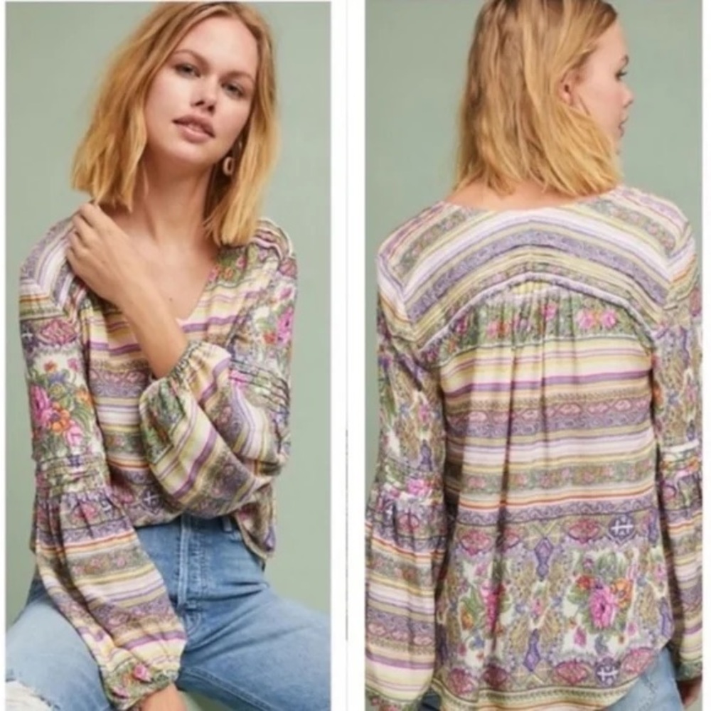 Anthropologie Tan Brown Graphic Long Sleeve Blouse